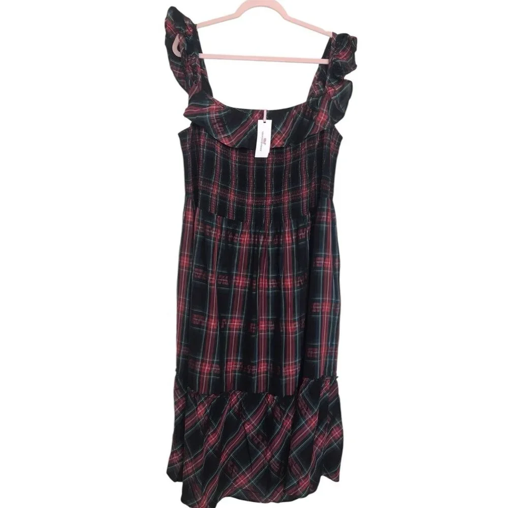 Vineyard Vines Midi Dress Apres Ruffle Trimmed Tartan Plaid Size XXL‎ Smocked
